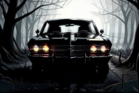 1967 CHEVROLET IMPALA, Sport Sedan, light beams, Black, dark forest background, blood moon, single lantern, dirt road, supernatural, feep fog,