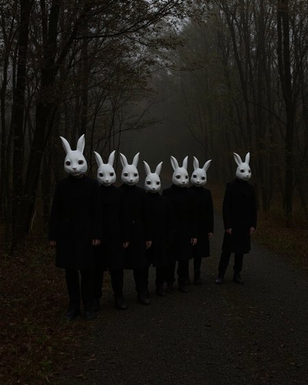 Kaos, he image is a photograph capturing a striking, surreal scene set in a dimly lit, misty forest. A group of seven people, all wearing identical white rabbit masks, stand in a single file along a narrow, gravel path. The path is bordered by tall trees with foliage in various shades of green and brown, indicating early autumn. The figures, all dressed in long, dark coats and trousers, appear to be standing in a line, their faces obscured by the rabbit masks, which have large, expressive eyes and long ears. The masks give them an eerie, almost ghostly appearance. 
The individuals' attire is consistent, with long, dark coats and trousers, creating a uniform, almost robotic look.