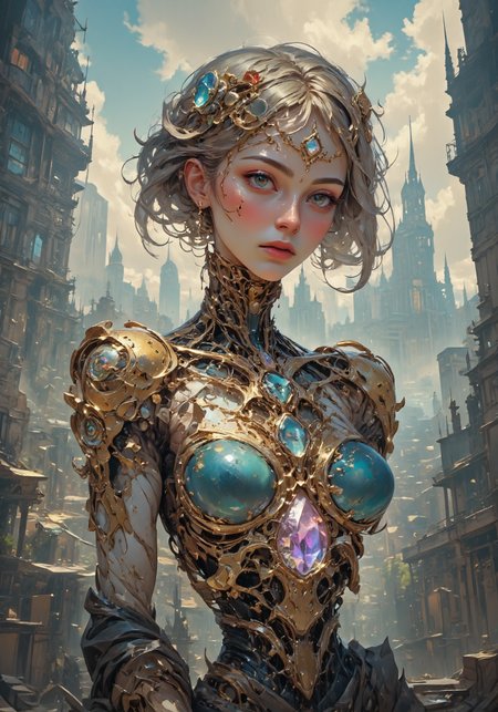 cyborg bride with visualization of all internal details. Gold, crystals, chrome, glitter, on the background of futuristic city.hyperdetailed, intricate , sharp, clear, HDR, high quality , HD, octane render, impressive, vibrant, Refined, perfect, best, contest winner.luxury, wonderful, superb, magical, mesmerizing, enchanting 
 <lora:DarksunRIDDV3:0.6> <lora:flux_hyperkraximalism-crazy:0.6> <lora:Midjourney_-_SemiReal_Dreams_FLUX_LoRA:0.6> <lora:CPA:0.6> <lora:BLUE_mk4_angel_FLUX_01:0.6> <lora:BioInk2FLUX:0.6>