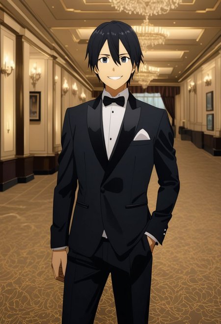 high resolution, professional photography, best quality, 1Boy, Kirigaya Kazuto, Black Hair, Black Eyes, overalldetail, ballroom, luxury hotel, tuxedo, smile, mysterious, confident, rich