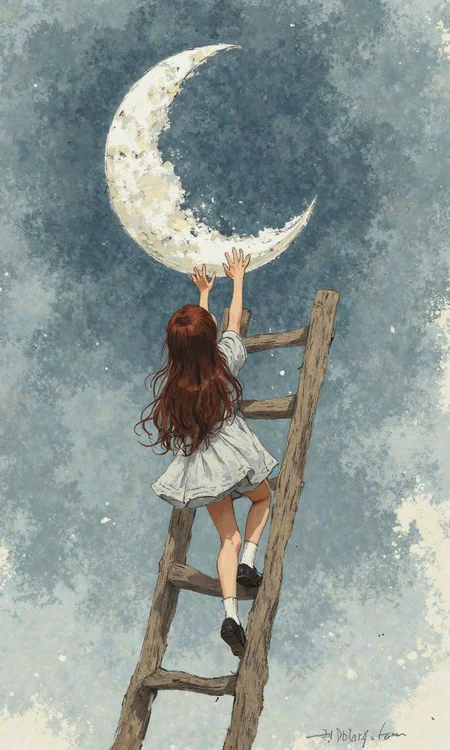 medium shot from a slightly low angle, digital artwork with a pencil sketch and watercolor style, a girl appearing from the back climbing a wooden ladder, body pose is climbing upwards with her back facing the viewer, reaching her hands towards the crescent moon, the moon is positioned at the top left and the ladder diagonally from the bottom right corner leading up to the moon, the moon is made of a textured white surface with visible craters and a dark outline, it is in a crescent shape, the ladder is made of rough-hewn wooden planks, vertically positioned with rungs for climbing, the girl has a small frame, her back is slightly curved as she climbs, and her arms are extended upwards grasping the moon's edge, the girl's hair is long and flowing down her back in burgundy color, hairstyle is long and wavy, clothes are a light-colored dress with a subtle pattern and dark shoes, background is a textured blue-gray color suggesting a night sky, lighting is soft and diffused, giving a dreamy and slightly melancholic mood to the scene., <lora:FLUX-daubrez-DB4RZ-v2:0.35> DB4RZ, DB4RZ style painting
<lora:aidmaMJ6.1_v0.5_3:0.35> aidmamj6.1, aidmamj6
 <lora:samdoesarts:0.4>
