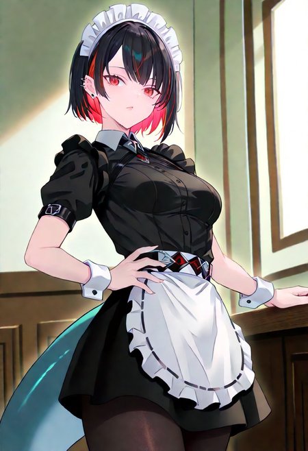 score_9, score_8_up, score_7_up, score_6_up, score_5_up, score_4_up, source_anime, solo, 1girl, 
ellen joe, black hair, colored inner hair, multicolored hair, red eyes, red hair, short hair, two-tone hair, apron, black pantyhose, black shirt, black skirt, ear piercing, fins, fish tail, maid, maid apron, maid headdress, pantyhose, piercing, puffy short sleeves, puffy sleeves, shark girl, shark tail, shirt, short sleeves, skirt, tail, two-tone hair, wrist cuffs, 
masterpiece, best quality, very aesthetic, absurdres,
