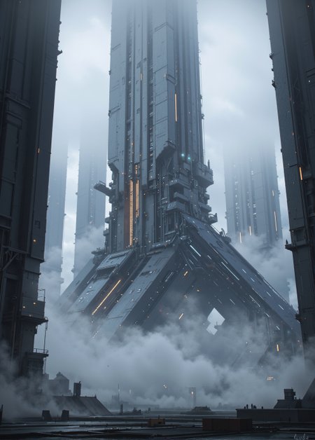 <lora:ck-Sci-Fi-Concepts:0.7>, in the style of ck-sfc, Visualize Artemis Station as a towering, enigmatic structure rising from a cold, fog-laden world. The massive spires stretch skyward, their dark metallic surfaces glistening with condensation from the mist. Each tower is adorned with intricate, glowing lines of orange and blue lights, hinting at the advanced technology within. The fog is thick at ground level, muffling sounds and creating an eerie, quiet atmosphere, while faint mechanical hums reverberate through the air. In the distance, other towering monoliths fade into the fog, creating a sense of endlessness. The lighting is soft and diffused, with occasional beams piercing through the fog from docking bays, casting long, dramatic shadows. The camera is set at ground level, looking up at the overwhelming scale of the station, emphasizing its imposing and mysterious nature. no humans.
<lora:flux.1_lora_flyway_Epic-detail_v2:0.6>
 <lora:CPA:0.5>
 <lora:BLUE_mk4_angel_FLUX_01:0.30>