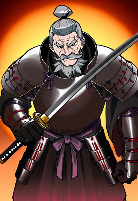 safe_pos, safe_pos, an image of an elderly samurai with long, flowing grey hair tied loosely in a traditional topknot, his weathered face marked with scars and wisdom. He wears a tattered yet ornate kimono with muted red and black tones, layered with lightweight armor bearing the marks of countless battles. His katana, sheathed at his side, has a worn hilt wrapped in dark cloth. The art style should emulate Danmachi—bright, dynamic anime visuals with bold outlines, soft shading, and a heroic yet grounded aura. The background is a misty battlefield at dawn, with faint silhouettes of fallen warriors and a soft golden glow breaking through the fog