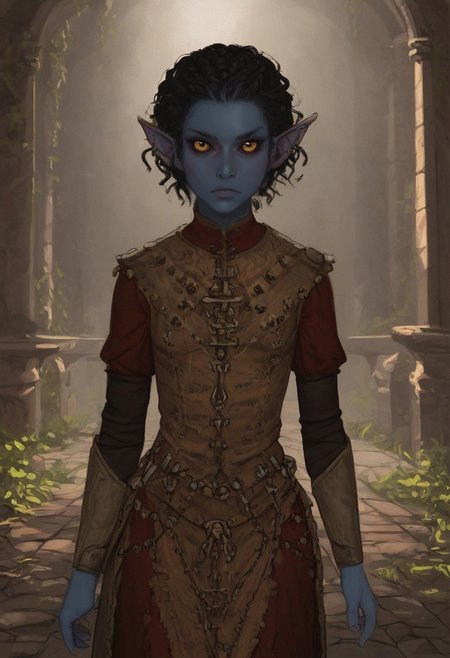 safe_pos, solo, short pointy ears, piercings, random elf face, aquiline features, androgenous dark elf, weathered skin, large nose, athletic build,  animated realism, zoomed out, Syrian features, torso, brass pipes and gears, intricate architecture, dwarven masonry, dwemer fixtures, white-green light, gloomy lighting, ancient ruins, interior, stone tiled floor, grey-blue skin, mahogany and ivory clothes, medium armor, bone plate armor, ivory straps and fittings, alien bone ornaments, grey wood neckguard, dark red sclera, black pupils, distant mushroom forest, blue-green light, neon, highly detailed, defined features, looking at viewer, three quarters view, from front, dynamic lighting, 18 years old, light and shadows, patterned cloth, annoyed expression, expressive eyes, detailed medieval clothes, small_breasts, short hair, wavy hair, thick hair, beaded hair, braided hair, under cut hair, semirealistic, alien elf, spanish features, jewish features, black hair, dark red hair, umber skin, sharp features, pastel green berber print cloak, nighttime, high detail, absurdres, pretty eyes, detailed eyes, yellow eyes,