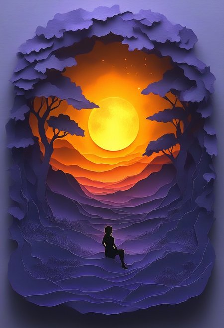 A lone figure sits contemplatively on a large, orange moon, gazing at a star-filled purple night sky. The scene is peaceful and serene, conveying a sense of quiet contemplation. [Paper cut art, layered style], reminiscent of [no specific artist reference needed, the style is widely used], with a color palette of deep purples, oranges, and golds for the stars. The layers are clearly defined, with varying depths of shadow to create a three-dimensional effect. The background is a gradient of deep purple to lighter purple, creating depth. The overall texture is smooth, mimicking the appearance of layered paper. The lighting is soft and diffused, suggesting a nighttime scene