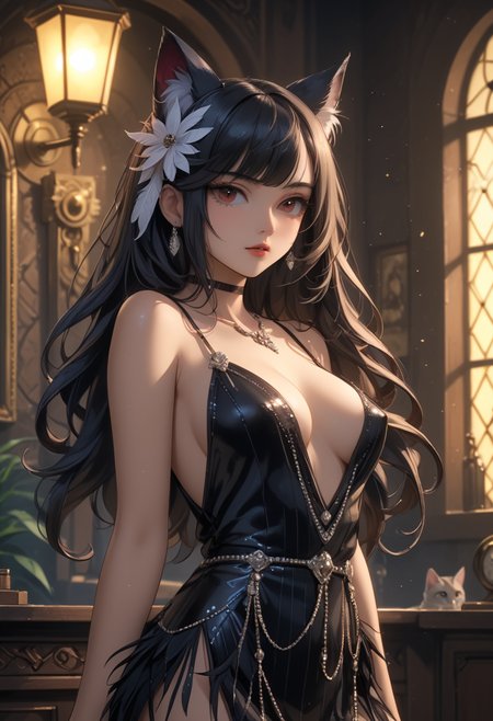 score_9, score_8_up, score_7_up, score_6_up, dynamic, (anime, masterpiece), best quality, (8k), detailed background, sharp focus, intricate, ambient lighting, super high quality, hyper detailed background, cinematic lighting, adult, double tone long hair, mature, embedding:zPDXLxxx, cat ears, vintage, mafia, prohibition era, 1950s,Defiance, Flapper Dress Sequins Feathers, Standing with Hands in Pockets, Secluded Mansion on the Outskirts of Town, addDetailXl.MLUV, Nyaomi, Expressiveh<lora:Expressive_H-000001.safetensors:1.0:1.0> <lora:Nyaomi.safetensors:1.0:1.0> <lora:addDetailXl.MLUV.safetensors:1.0:1.0>