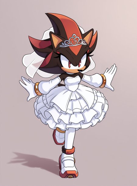 solo, <lora:krack:1> krackstyle,
shadow the hedgehog, black fur, red streaks, red eyes, white gloves, gold bracelet, white footwear, multicolored footwear, wedding dress, long sleeves, layered skirt, white pantyhose, veil, gloves, tiara,
dynamic pose, running, turning, body leaning, arms outstretched, looking at viewer, extremely detailed, highres, masterpiece, best quality
