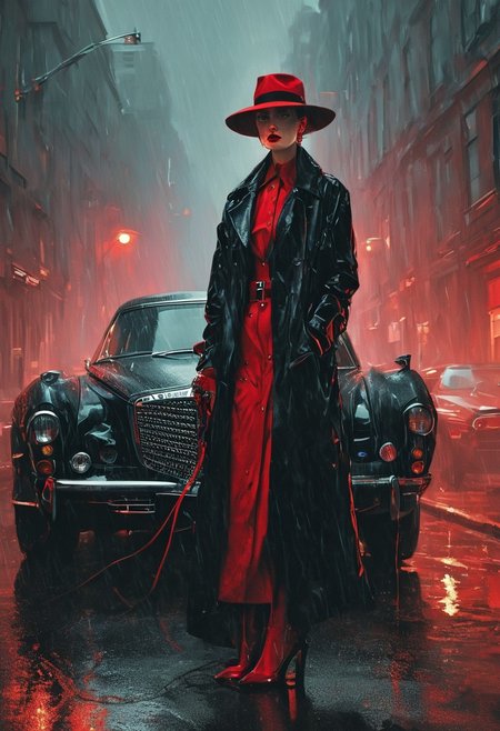 a grim faced young woman in a three piece suit and overcoat stands on the curb next to a maybach sportscar on a rainy street, cigar, smoke, rain, streetlight, redhead, buzzcut, fedora, red lipstick,
black and red color palette, cybernetic design, futuristic elements, bold lines, flat colors, simple details, retro-futuristic vibe