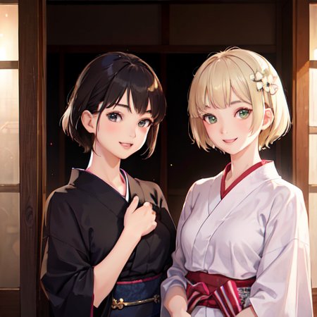 two young girls wearing yukata, one blonde short hair with green eyes, one brown short hair with black eyes, going to the temple to pray, smile, (realistic, photorealistic), extremely detail face , CG, teeth, happiness