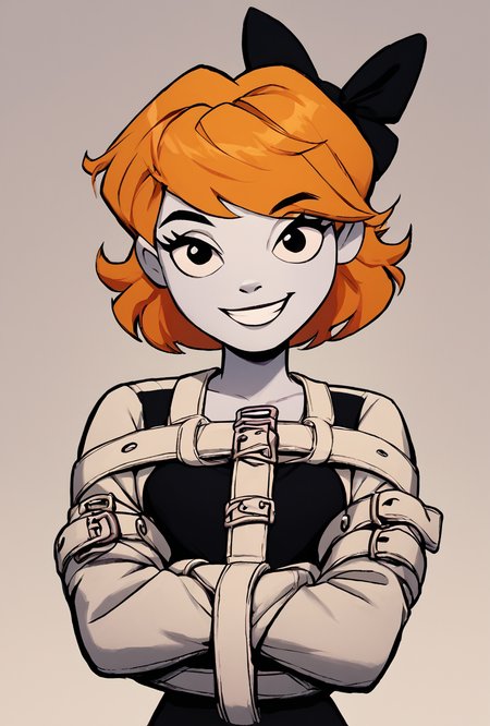 score_9, score_8_up, score_7_up, score_6_up, score_5_up, simple,  looking at viewer, smiling, simple, <lora:derpina-10:1> derpina, 1girl, short hair, hair bow, medium hair, orange hair, black dress,, white skin,,  <lora:straitjacketponyxl3:1> straitjacket <lora:wyatt:1> wyatt