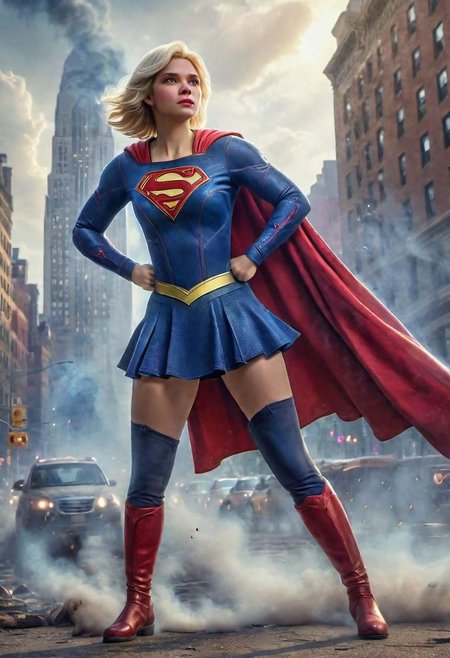 (masterpiece), 
blonde, wearing spcc costume with cape,
cute face,
fullbody,
HDR, highly detailed, 32k, amazing quality,
New York background, ultra detailed, , smoke, dust Particles,stylized by Hans Zatzk, vibrant Ray,