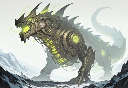 G0thicL1nes, high detail, masterpiece, great detail, high quality, hdr, hd, incredible quality, simple background, landscape, side view, full view, depth, white background, solo, alone, full body, mechanical,Science fiction, steampunk, 19th century, robotic, giant, serpent body, dragon helmet, iron body, orange bronze plates, clockwork engines, six limbs, claws, sharp fangs, green glowing eyes, menacing posture