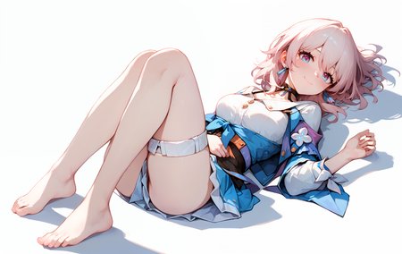 (score_9, score_8_up, score_7_up), 1girl, march7th, choker, thigh strap, barefoot, smile, lying, blush, closed mouth, knees up, simple background, shadow, <lora:march7th-strPO-v1AR:0.9>