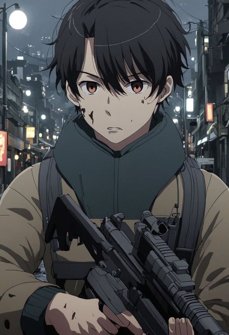 Highres, Masterpiece, High Quality, 4K, 8K, solo, 1Boy, Soujirou Agata, brown eyes, black hair, potrait, midnight, quiet street, big city, dim street lights, scattered trash, dirty, cold, tense, mysterious, sharp eyes, merciless, threatening, weapon, gun, pointing a weapon at the viewer, threatening, easynegative, detailed_eye_model