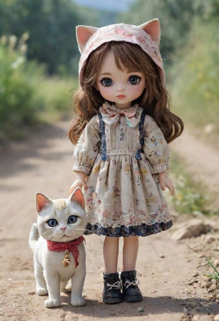 a doll with  a cat on a dirt road, a picture, very very beautiful, highway, cute pocelain doll, detailed picture, summer street, hard lines, with big eyes,