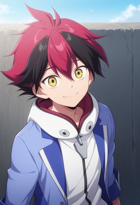 masterpiece,best quality,amazing quality, source_anime,
hiroryuga, 1boy, male focus, solo, yellow eyes, multicolored hair, red hair, black hair, hoodie, white hoodie, hood, jacket, blue jacket, open jacket, smile, outdoor