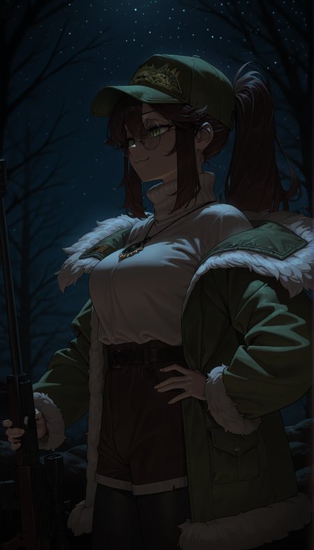 embedding:lazypos, 
old sniper rifle, scary florest, night, from side, smug, smile, holding sniper, hand on hips,  
1girl, kara wilderwood, green jacket, fur trim, green eyes, brown hair, high ponytail, necklace, large breasts, white sweater, turtleneck, belt, dark brown shorts, black leggings, green baseball cap, round eyewear,