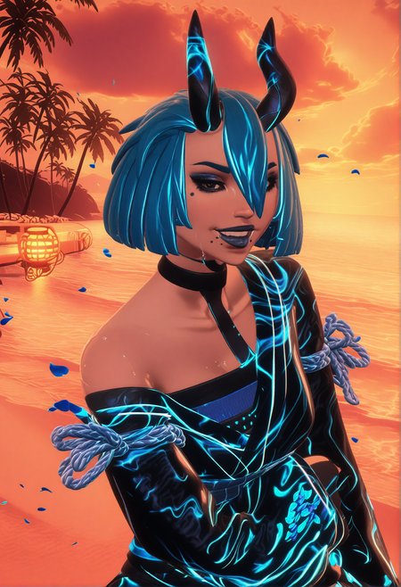GLSHS,delicate colors,partially illuminated, (masterpiece, absurdres, very awa:1.4), golden hour, orange theme, sunset, beach, rocks, beach ball, sand, palm tree, smug, looking at viewer, female focus, (portrait:1.3), fortniterimeflownightrosedefault, 1girl, short hair, bob cut, bangs, blunt bangs, blue hair, aqua hair, white hair, hair over one eye, hair between eyes, black eyes, black sclera, blue lips, black lips, makeup, eyeshadow, open mouth, smile, mole, moles, moles under mouth, mole under mouth, two moles under mouth, bare shoulders, off shoulder, choker, black choker, single horn, horns, black horns, gloves, black gloves, jacket, dress, kimono, floral print, japanese clothes, sash, patterned, see-through, belt, long sleeves, wide sleeves, thighhighs, boots, blue footwear, high heels, breasts,  water, wet skin, towel draped around body, cleavage, steam, gentle ripples in water, warm lantern glow, flower petals floating on water, <lora:GLSHS-IL:1.3>,  <lora:Fortnite_The_Night_Rose_All_Outfits_ILXL:1.1>, <lora:dmd2_sdxl_4step_lora:1>