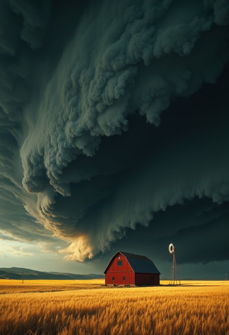  A vast rural landscape under the looming presence of an enormous, swirling storm cloud. A small red barn with a pitched roof stands isolated in the middle of an open field, next to a lone windmill. The sky is dominated by an ominous wall of dark, churning clouds, stretching across the horizon, evoking an impending disaster. The golden wheat field in the foreground sways in the wind, contrasting against the dark storm. A few telephone poles line the distant road, adding to the sense of isolation. The atmosphere is cinematic and dramatic, with painterly textures and a moody color palette. Concept art style, highly detailed, dynamic lighting, stormy rural landscape. ,, (watercolor effect:0.63), (professional photo, balanced photo, balanced exposure:1.2)


.,, elegant, intricate, chrome, silver, golden ratio, viewed from the side, hued background, DOLOMITE,  , 

,  Otherworldly atmosphere. aidmamj6.1
(Depth of field), low saturation,detail. mythp0rt Stylish, charismatic.c.


(Depth of field),,detail. mythp0rt Stylish, charismatic. ,.
<lora:domiswaunfluxmini:1>
