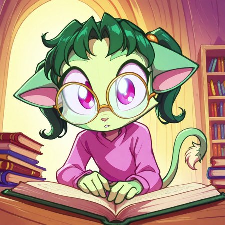 Dreamkeepers,1girl,prelude_lilith,solo,furry,tail,green hair, source_furry,glasses,magenta eyes,
child, kid, 
storybook, circle_of_kids, library_background, animated_expression, fairy_tale_theme, colorful_illustrations, engaged_listeners, warm_ambiance,  reads a fairy tale to wide-eyed children, her voice rising and falling with the story. The library glows with warm light and imagination.