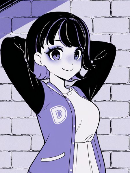 1girl, monochrome, purple theme, 

black hair, medium hair, two tone hair, purple hair,

standing, upper body, brick wall,
looking at viewer, smile, closed mouth,

white t-shirt, varsity jacket, arms behind head, 
