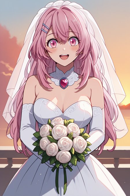 score_9, score_8_up, score_7_up, score_6_up, source_anime, 1girl, solo,  <lora:kotobukiminami-pdxl-nvwls-v1-000006:1> mkoto, pink hair, long hair, hairclip, breasts, wedding dress, bridal veil, elbow gloves, brooch, holding bouquet, sunset, looking at you, happy, blush