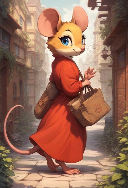 score_9, score_8_up, score_8, solo, fluffy, (feral), outdoors, toes, furry, (((mouse))), female, blue eyes, yellow fur, claws, (fluffy cheeks:0.7), (red dress), in the style of beatrix potter, walking, (carrying bag), (solo:2), village, alley, cute, (side view:2), (look back), waving to viewer