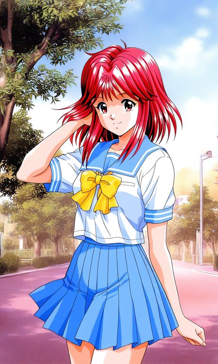 general,highres, ultra-detailed,very aesthetic,best quality ,best hands, BREAK <lora:Asahina_Yuko_Tokimeki_Memorial_IS:1>
Asahina_Yuko(Tokimeki_Memorial), 1girl, solo, red hair, medium hair, red eyes, bangs, sidelocks, breasts, 
blue school uniform, serafuku, jewelry, yellow bow, Yellow bow, blue skirt, blue sailor collar, white shirt,
pleated skirt, short sleeves, outdoor, tree, sky,