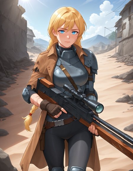 masterpiece, best quality, newest, absurdres, highres, detailed eyes, beautiful, detailed background, perfect eyes, (by leonzo), <lora:SlavYasIll:0.8> SlavYas, SlavYas, long braids, twin braids, hair tie, blonde hair, blue eyes,
RangerArmorStyle, veteran ranger armor, trench coat, grey armor, (torn clothes, damaged clothes:1.2), knee pads, elbow pads, fingerless gloves, scars across body,
vv4zooo, sniper rifle, holding rifle, four fingers,
wasteland, sand, ruins, (wrecks), buildings, town, woman, looking at viewer, medium breasts, cowboy shot, slim physique, fit, athletic, blurred background, sky, clouds, sunlight, outdoor, detailed, realistic style, bright lighting, summer, nature, casual, sunlight reflection, detailed background, soft shading, smooth textures, semi-realistic, environmental details, scenic,
<lora:Dramatic Lighting Slider:2.5>  <lora:add-detail-xl:3> <lora:FNV_Ranger_Armor:1>  <lora:Wasteland_Vixens:0.8> <lora:wa2000_ill_v2.2:1>