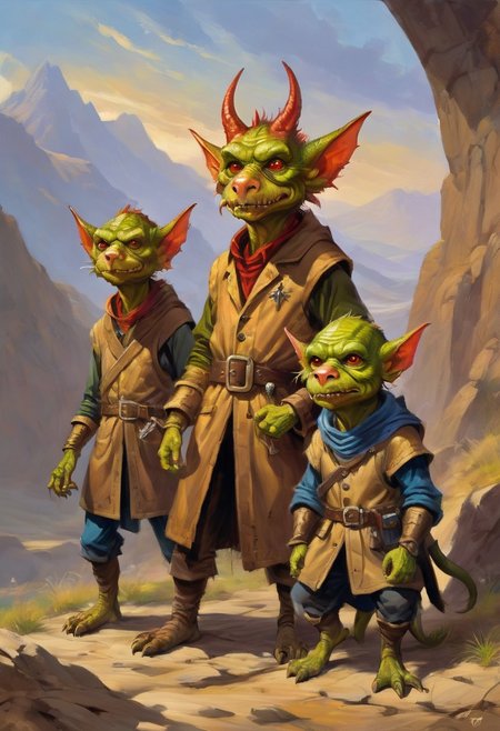 a painting of 3 kobolds in a wizard's trench coat, kobold wizard mafia, cute fantasy art, art, oil painting, digital painting
Furry Creatures or Goblin-like Beings, diminutive, humanoid figures,  gnome-like, furry goblin-like beings with cute exaggerated features, dog-dragon like
Elmore_Style_LX, in the style of jeff-easley