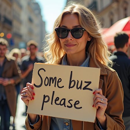 cute woman holding a sign "some buzz please"