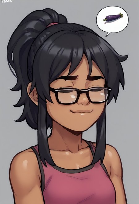 score_9, score_8_up, score_7_up, score_6_up BREAK,  (=w=, :3, = =, eyes closed), 1girl, solo, e4st3r-dh, dark-skinned female, black hair, ponytail, sidelocks, glasses, spoken Eggplant <lora:Ester_Figueroa_PDXL:0.7>  <lora:ChamElfExpressionPonyXL:1>