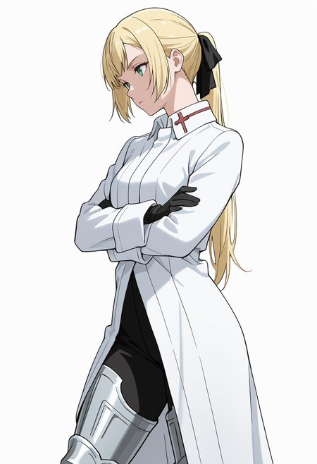 Smooth Quality,masterpiece,very intricate, high quality details, ultra realistic, high detailed skin,detailed enviorement,absurdres,
simple background, white background,solo,
standing, arms crossed, head tilt, serious, balanced stance, confident,  ,from side,bored,
 <lora:Rituscnn:0.8> rituscnn, 1girl, blonde hair, green eyes, long hair, ponytail,shirt, white shirt, coat,black gloves, hair ribbon,armored boots,