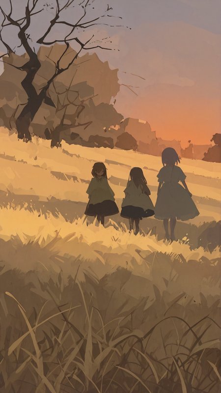 masterpiece, newest,absurdres,incredibly absurdres, best quality, amazing quality, very aesthetic, painterly, 
2girls, village, hay bale, sunset, ground fog,  fallen tree, 
 <lora:t4kar4i_shunsuk3:1> t4kar4i_illu, no_outlines, no lineart <lora:YB_IL_1624591:1> yb