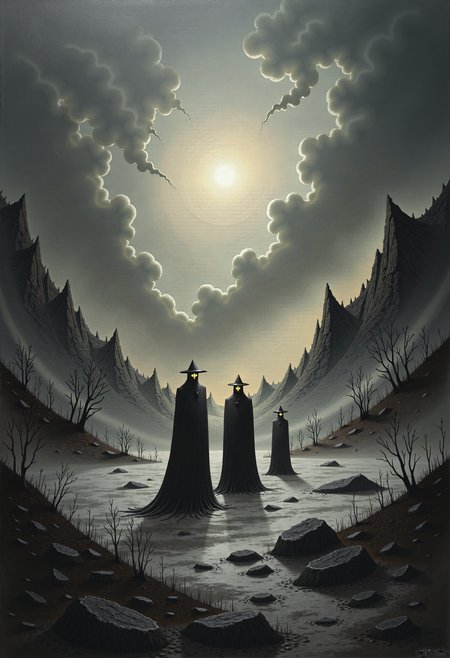 0n1r1c, Create this dramatic impasto artwork that decipts the three Norse Norns from the Völuspá poem of the Edda, stand on a vast, frozen ice field. 
The sky is overcast with dark, brooding clouds, and the low-hanging sun casts an eerie, mystical glow over the scene. 
The Norns wear long, heavy garments reminiscent of medieval Norse attire, and their faces are shrouded in mystery, adding to their enigmatic presence. 
The atmosphere is calm, silent, and timeless, emphasizing the Norns' mystical nature as the weavers of fate. Surrounding them are ancient, withered trees and a distant silhouette of a rugged mountain range, further enhancing the otherworldly setting.
This dystopian, post-apocalyptic-style painting features a monochromatic scheme, primarily with shades of black, gray, and white.