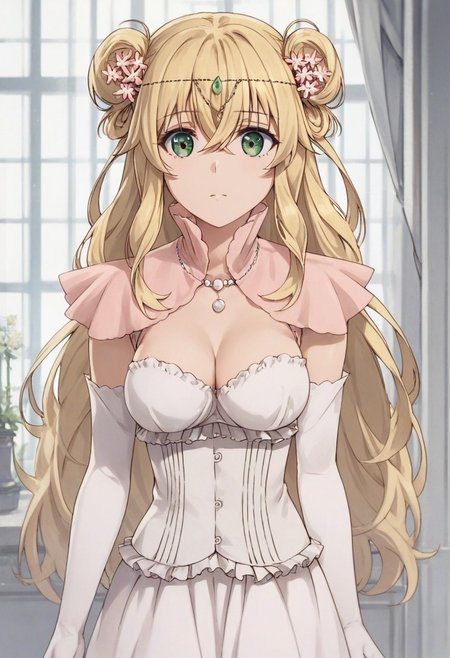 score_9,score_8_up,score_7_up, altena elgard ratis, 1girl, blonde hair, long hair, hair between eyes, green eyes, hair bun, double bun,  breasts, dress, cleavage, gloves, elbow gloves, hair ornament, hair flower, flower, white gloves, jewelry, necklace, thighhighs, white dress, capelet, high heels, garter straps ,