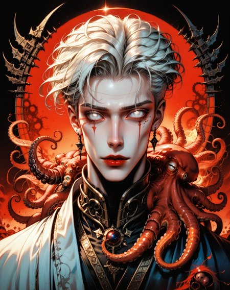 (score_9, score_8_up, score_7_up, fantasy portrait, 1male, 30yo, pale skin, white hair, full-length, hidden eyes, his eyes in shadow, glowing eyes, white eyes, chaotic, slim body, ethereal setting, fantasy background, red lips, <lora:octopus_v0.2-pony:0.8> octopus, <lora:GRIM_v1:0.5> limmited palette, <lora:Dorohedoro_Style:0.3> drhdr_style, <lora:add-detail-xl:0.8> all, Lovecraft