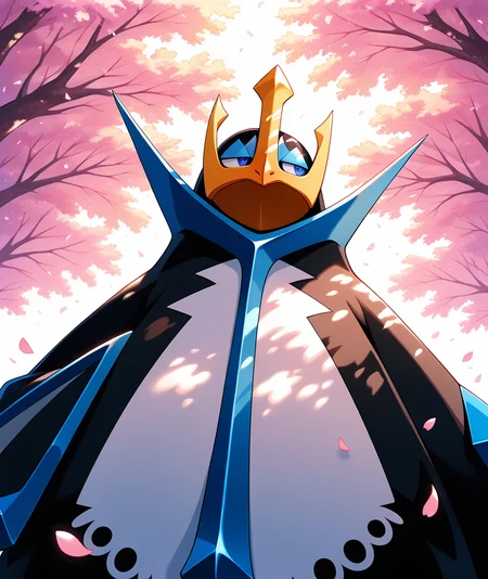 ((vibrant, detailed, detailed background, amazing quality, colorful, masterpiece, 8k, rtx)), beutiful background, BREAK <lora:empoleon-illus-15:0.9> pempo, 1other, pinguin_boy, (empoleon), (solo, alone), falling petals, cherry blossom, from below, looking away, dappled sunlight, 
autumn, floating petals, magic moment, upper body,