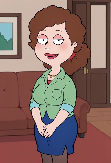 score_9, score_8_up, score_7_up, score_6_up, high quality, rounded eyes, style parody, cartoon style, 1girl, solo, living room, couch, indoors,
BREAK
unnamed girl, brown hair, black eyes, (mature female:1.5), (plump:1.2), large breasts, gigantic hips, green sweater, rolled up sleeves, blue skirt, stockings, own hand together, blush, smile, looking at viewer, long skirt, half-closed eyes, necklace,
