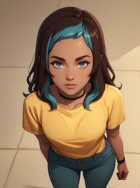 score_9, score_8_up, score_7_up, <lora:hannahpxl:1>, hannahpxlm 1girl, cartoon, western animation, looking at viewer, flat colors, outline, full body, from above, yellow shirt, dark skin, two-tone hair,