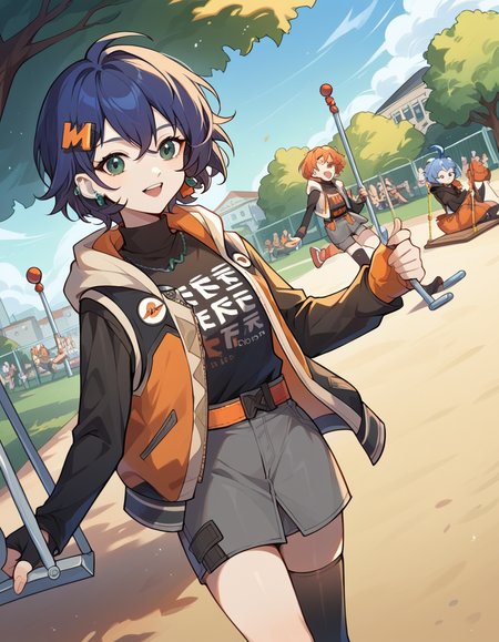 score_9, score_8_up, score_7_up, source_anime, <lora:zzz-belle-ponyxl-lora-nochekaiser:1>, belle, blue hair, green eyes, hair ornament, short hair,, belt, black shirt, black thighhighs, clothes writing, earrings, fingerless gloves, gloves, grey shorts, jewelry, long sleeves, orange belt, orange flower, orange socks, shirt, single fingerless glove, single thighhigh, jacket, hoodie, turtleneck,, public park, playground, swing set, laughter, sunny day, cowboy shot, dutch angle