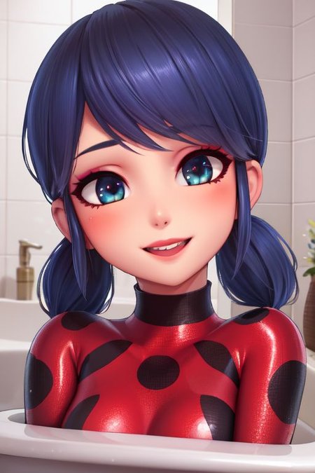 1girl, solo, masterpiece, best quality, intricate details, perfect lighting, m4ri woman, 1girl, portrait, (long hair, short twintails), (blueberry eyes, beautiful eyes), medium breasts, upper body, looking at viewer, smiling, (ladybug costume, ladybug outfit, red bodysuit, polka dot), alluring face, naughty smile, petite, slim waist, beautiful eyes, laughing, uwu, suggestive smile, laughing, bathroom, bath, bathing, bathtub, water, wet, soaking wet, wet hair, v arms, breasts squeezed together, makeup, lipstick, eyeshadow, cute, photo_realistic