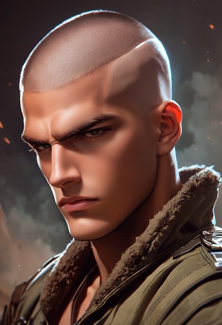 score_9,score_8_up,score_7_up, source_anime, handsome 30 yo male soldier posing, determined look, military compound, headshot, burr cut hair, looking at viewer