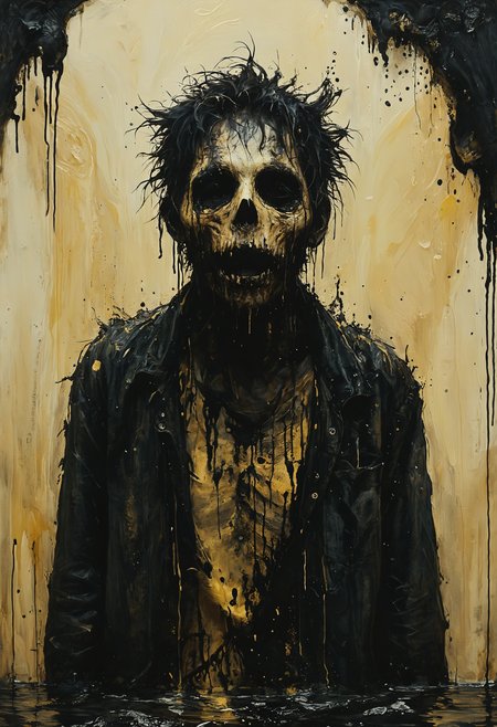 Ghoul emerging from the depths of darkness, Golden hour, <lora:Melting_world:0.8>, <lora:gorgoeus_splash_of_vibrant_paint:0.7> Gorgeous splash of vibrant paint