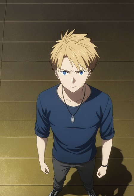 high resolution, professional photography, best quality, 1Boy, Yamato Ishida, blond hair, deep blue eyes, necklace, standing, straight facing upwards, casual, seen from above, arrogant face, dominant, intimidate, OverallDetail