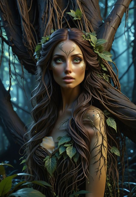 A picture of a beautiful Forest Nymph, her hair made of tree branches with leaves hanging off the ends, long and hang down like the Weeping Willow, her skin resembles the color and texture of Aspen bark, she has Ivy vines to cover her Un-mentions, beautiful facial features, bright green almond shaped eyes, she is leaning her head  agents a dyeing tree, she is hugging the tree, starring at the camera, the Butter Tree yellow butter is dripping on the ground, peaking out of the forest is a Grim Reaper in the background, in the mid-ground is a dark bio-luminescent fairy forest with glowing mushrooms, Background concept for the movie “Avatar”, Bioluminescent, glowing, radiant, alien planet, beautiful landscape, alien plants, Focused lights, whimsical fairytale, psychedelic trip, sharp focus on subject, 3D effect in the background, realize,