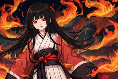 enma_ai, girl1, bangs, black hair, long hair, kimono sakura, fire hell, village japanese, night