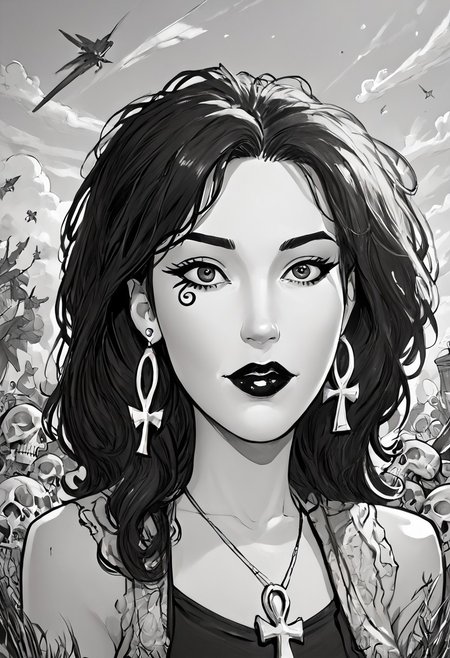 score_9, score_8_up,source_photo,hyper-realistic,perfect lighting,realistic lighting,high quality, Comet Gurl
Break
dsk_death, 1girl, earrings, jewelry, necklace, ankh necklace, monochrome, traditional media, sketch, black lips, cross earrings, long hair, lipstick, makeup, skull, looking at viewer, comic art style, death_of_the_endless\(sandman\), greyscale, monochrome, cinematic angle, cinematic lighting, BREAK zPDXL2 PonyXLV6_Scores