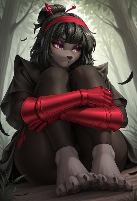 anxietychan,  outdoors, undershirt, falling feathers, black bodysuit, hair stick, hugging own legs, , gauntlets,   eyeshadow,   red gloves, black capelet, red hairband, pink eyes, 1girl, solo, feet, medium hair, black hair  dynamic angle, foreshortening, furry, furry female, anthro, paws, claws, pawpads,